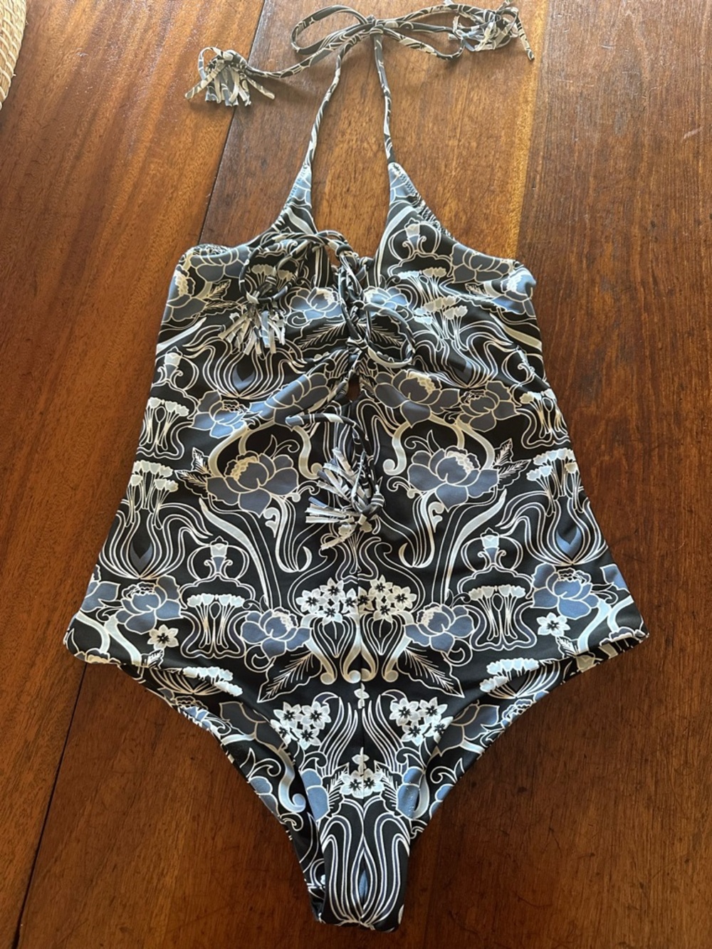 Halter One-Piece Swimsuit in Black and Light Blue Floral